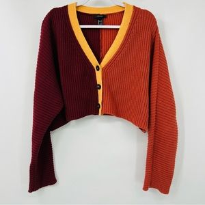 Forever 21 Color Block Orange Burgundy Yellow Cropped Buttoned Sweater Size L